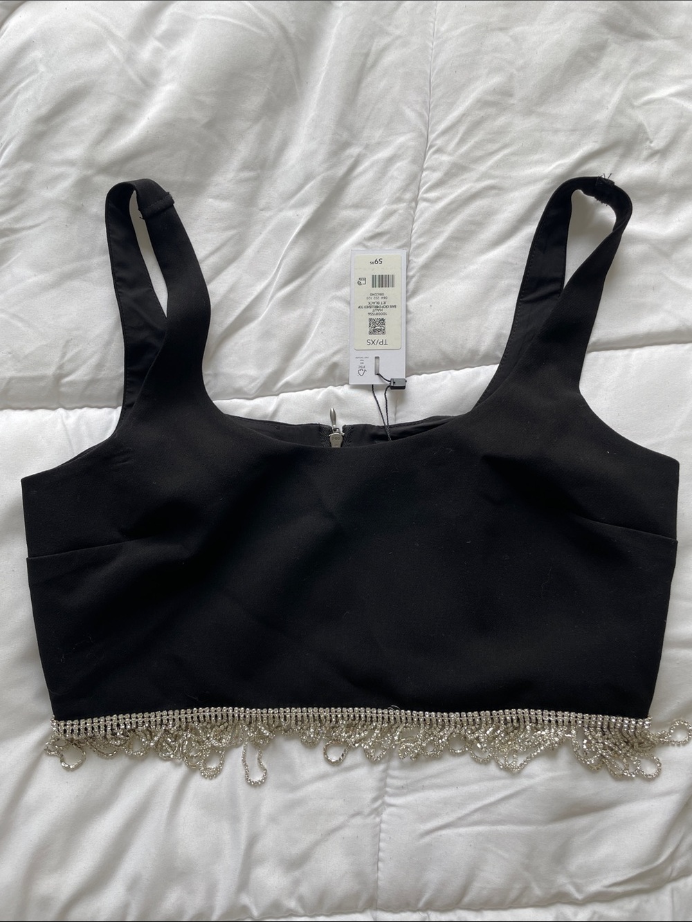 Dynamite Black Crop Tank with Silver Beaded Fringe